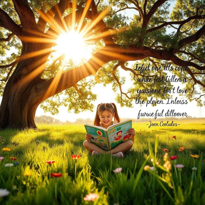 A little girl sits beneath a tree, soaking up the sunshine as she reads her book. A profound quote about love and laughter adds a touch of inspiration to this serene scene.