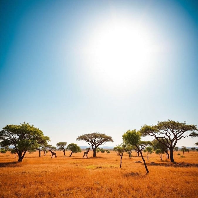 A beautiful safari scene with trees, grass, and wildlife.