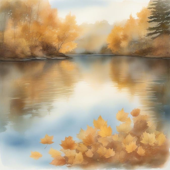 This beautiful lake scene with a forest in the background, featuring yellow leaves falling from the trees, is perfect for those who enjoy the peace and tranquility of nature.