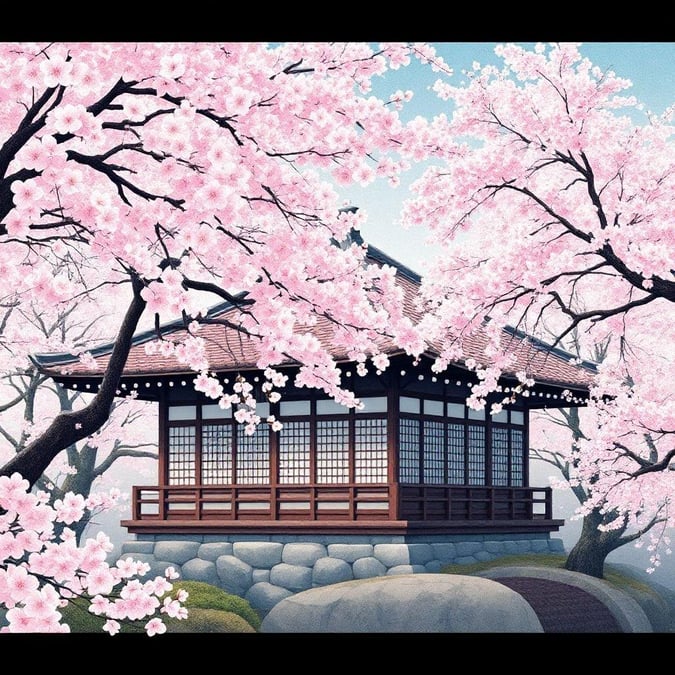 Escape to the serene beauty of this traditional Japanese pavilion nestled in a bounty of blooming cherry blossoms. The tranquil setting invites you on an imaginary journey, evoking the harmony and simplicity of Japanese design.