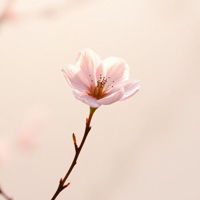 A beautiful and calming minimalist wallpaper featuring a delicate cherry blossom branch with soft pink flowers against a light beige background.