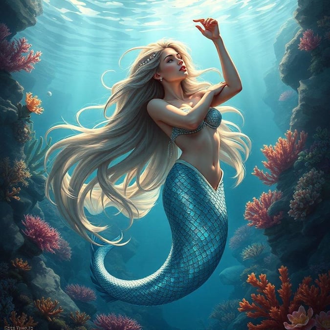 This enchanting wallpaper features a beautiful mermaid swimming in the ocean, surrounded by vibrant coral and seaweed. The mermaid's shimmering tail and flowing locks of hair are mesmerizing, making this image perfect for anyone who loves fantasy characters.