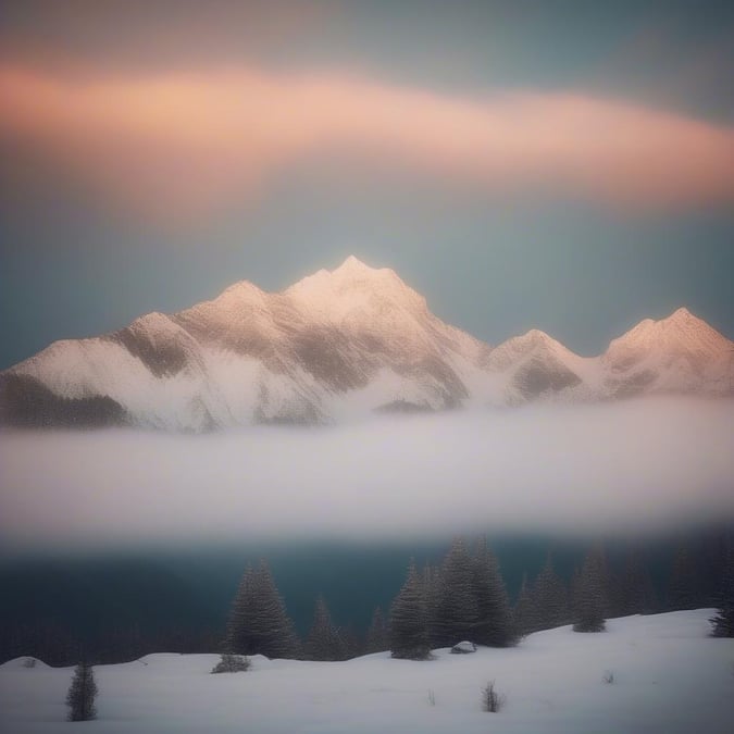 A tranquil mountain landscape during the autumn season, where fog kisses the peaks, casting a soft glow over the tree line.