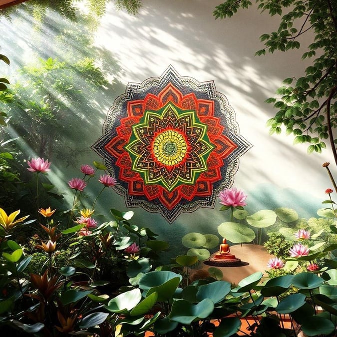 In the heart of this serene sanctuary, an intricate mandala radiates the essence of harmony and balance. The vibrant colors of the lotus flowers mirror the rich tapestry within this sacred space.