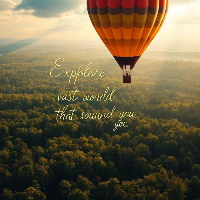 A scenic view of a hot air balloon flying over a forest, with a quote about exploration.