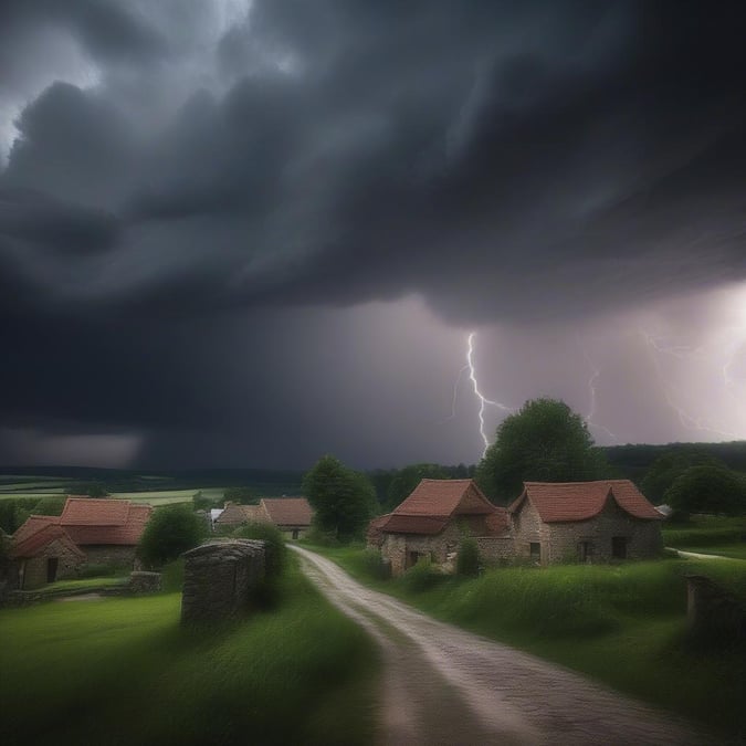 A dramatic sky with dark clouds, lightning, and a stormy mood. A tranquil village nestled amidst nature is the focal point of this image.