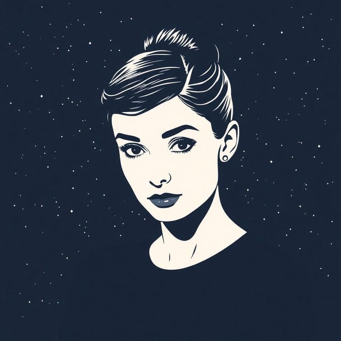 This wallpaper features a stunning illustration of Audrey Hepburn set against a backdrop of stars and space. The image is a unique and eye-catching representation of the iconic actress, perfect for fans of classic Hollywood glamour and science fiction.