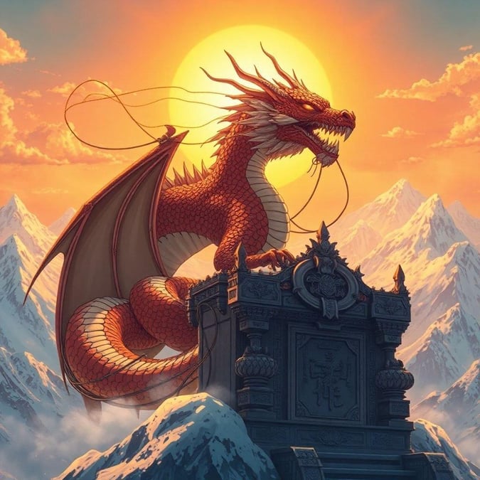 Immerse yourself in the world of anime with this stunning wallpaper featuring a majestic dragon perched on a mountain throne, surrounded by snow-capped peaks and illuminated by warm orange and yellow hues.