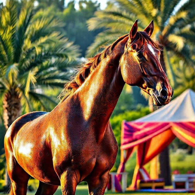 This majestic brown horse stands poised under the sun, embodying grace and strength. Perfect for your desktop background during Ramadan or Eid celebrations.