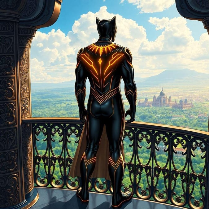 Standing atop an ancient castle, the Black Panther surveys his domain. Wearing his iconic costume, he embodies both tradition and innovation, as symbolized by the Vibranium suit that's crafted to perfection. With a city skyline in the distance, he seems ready for action at any moment.