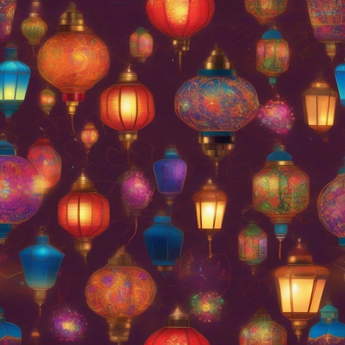 A vibrant collection of lanterns in shades of red, blue, purple, and green, celebrating the festive spirit of Ramadan and Eid.