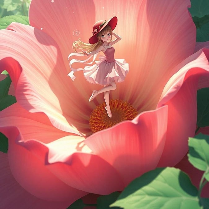 Diese atemberaubende Illustration im Anime-Stil zeigt eine zarte Ballerina, die auf den Blütenblättern einer riesigen Blume tanzt, umgeben von üppigem Grün. Die zentrale Figur, eine winzige Ballerina, ist mit einem rosa Kleid und einem roten Hut geschmückt, während ihr Haar, ein kaskadendes weißes Band, einen verspielten Akzent setzt. Die Illustration fängt einen Moment der Ruhe ein und konzentriert sich auf die filigranen Details der anmutigen Pose der Tänzerin und die natürliche Schönheit der Blume.