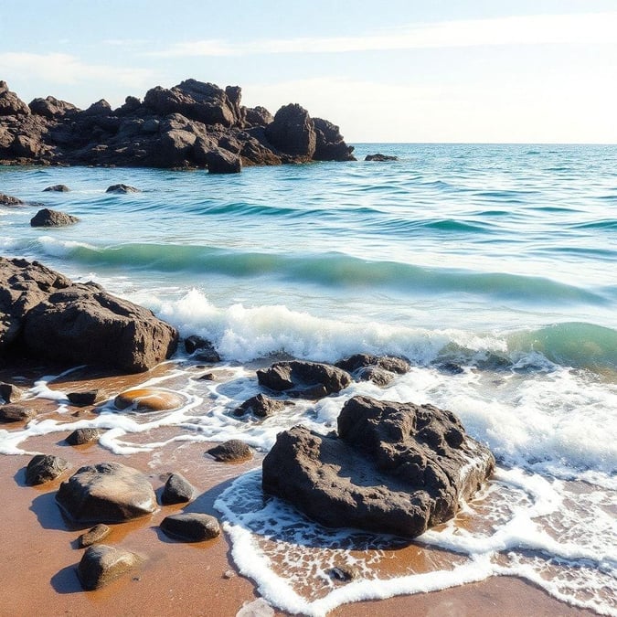 A tranquil beach scene with gently lapping waves, a stone jetty extending into the ocean, and a clear blue sky above.