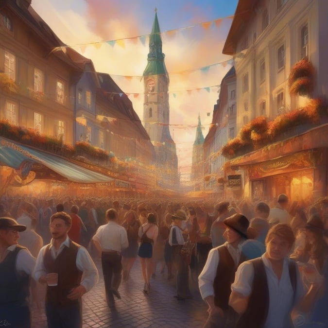 A bustling street scene at the heart of an Oktoberfest festival, teeming with people enjoying the atmosphere and local food.