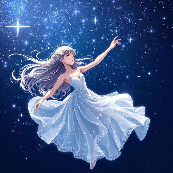 This captivating digital illustration showcases an anime ballerina gracefully dancing under a starry night sky. Her elegant figure, adorned in a flowing gown, is a testament to the artist's skill. The intricate details of her hair and the stardust pattern evoke a sense of motion, while the dark background adds drama. The ballerina's expressive eyes and lips capture a moment of tranquility, inviting the viewer to step into the serene and magical world of the illustration.