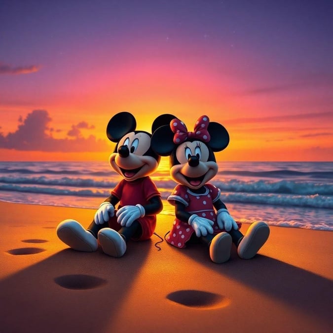 Enjoy the warm glow of a beach sunset with Mickey and Minnie, two iconic Disney characters.