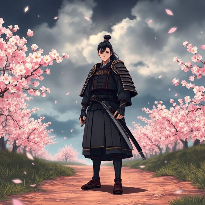 A samurai stands poised amidst the tranquility of cherry blossom trees and a cloudy sky, embodying the quiet intensity of his role.