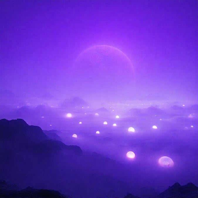 Explore a fantastical realm under a purple moon, where floating spheres dot the foggy landscape.