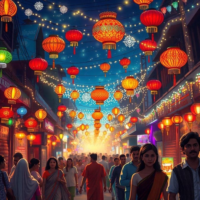 A lively scene from India's most famous festival, with decorated streets, colorful lanterns, and a crowd enjoying the festivities.