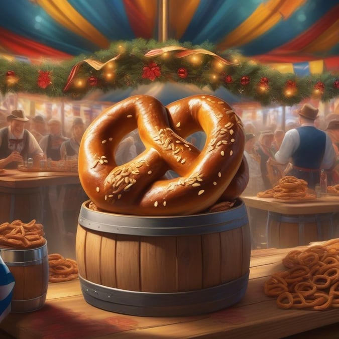 This festive scene captures the essence of an Oktoberfest celebration, complete with a warm inviting beer tent in the background and a table laden with delicious pretzels and traditional Bavarian baked goods. The centerpiece of this image is a large wooden barrel filled to the brim with freshly baked pretzels, ready for guests to enjoy. The festive spirit of Oktoberfest is encapsulated in this vibrant and inviting scene.