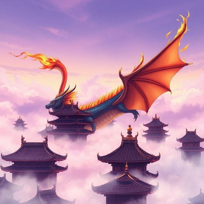 This anime wallpaper features a majestic dragon with a fiery tail soaring through a misty landscape, creating an anime-like visual effect. The foreground showcases ancient temples with intricate carvings, while the background fades into a misty sky, adding depth and mystery.