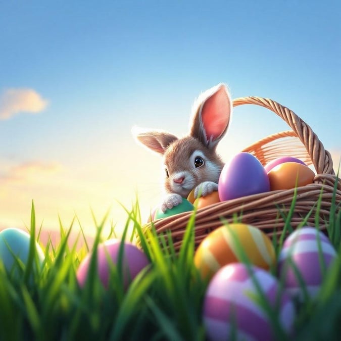 An animated bunny with a basket full of colorful Easter eggs, ready to be hunted by kids. The scene is set against a bright sky on what appears to be a beautiful spring day.