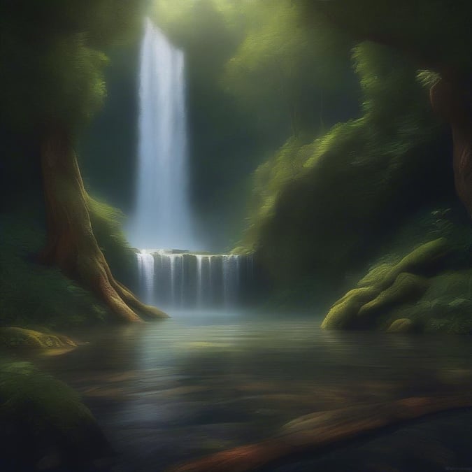 A mystical, mist-shrouded mountain stream, with a hidden waterfall.