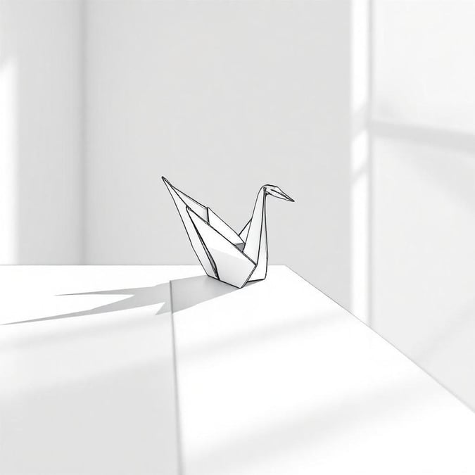 This origami bird, crafted from a single sheet of paper, stands poised on the edge of a sleek white surface. Its intricate details and delicate folds capture the essence of minimalist artistry.