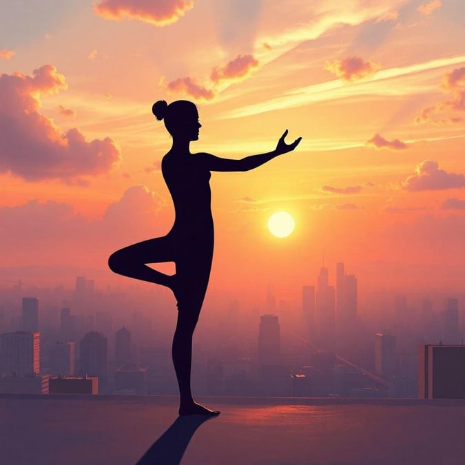 Find your inner peace amidst the urban hustle. A woman enjoys a quiet moment of yoga on a city rooftop as the sun sets.