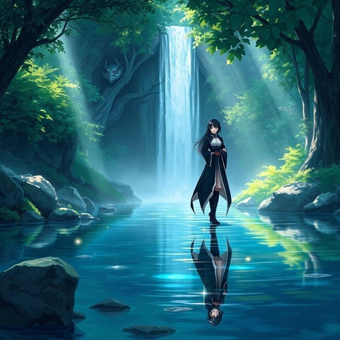 Immerse yourself in the serene beauty of this anime-style waterfall scene, where a mysterious figure stands tall in a lush forest, surrounded by the soothing sounds of nature.