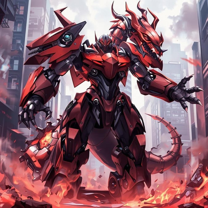 Experience the magic of anime with this stunning illustration of a mechanical dragon, set against a misty urban backdrop. The robot's vibrant red and orange color scheme is a feast for the eyes, while the dragon's sleek body and outstretched arms convey a sense of motion and power. This captivating scene is perfect for fans of anime and fantasy, offering a glimpse into a world of wonder and enchantment.