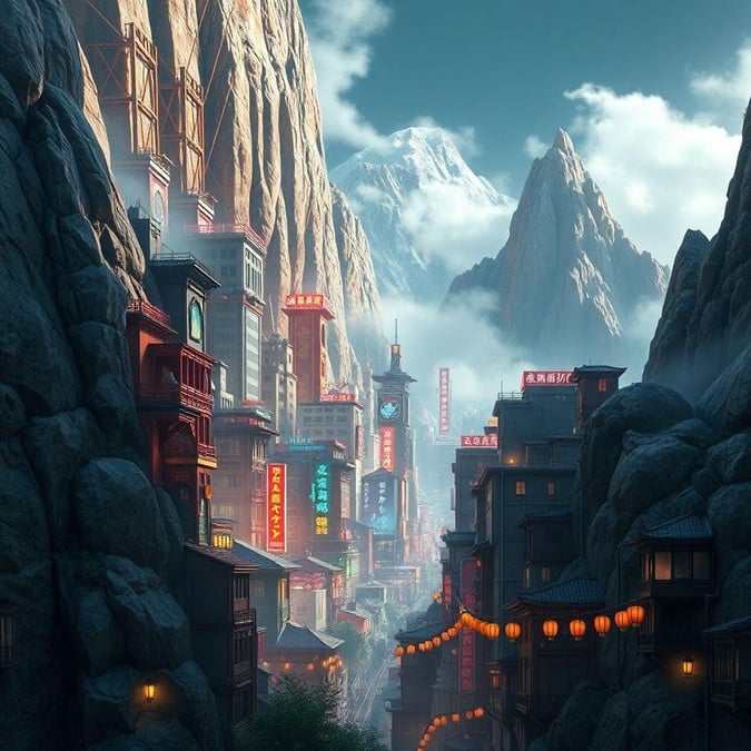 Immerse yourself in the breathtaking beauty of an anime-style city nestled within the majestic mountains. This stunning image showcases the artist's exceptional skill in crafting a world that seamlessly blends fantasy and nature.