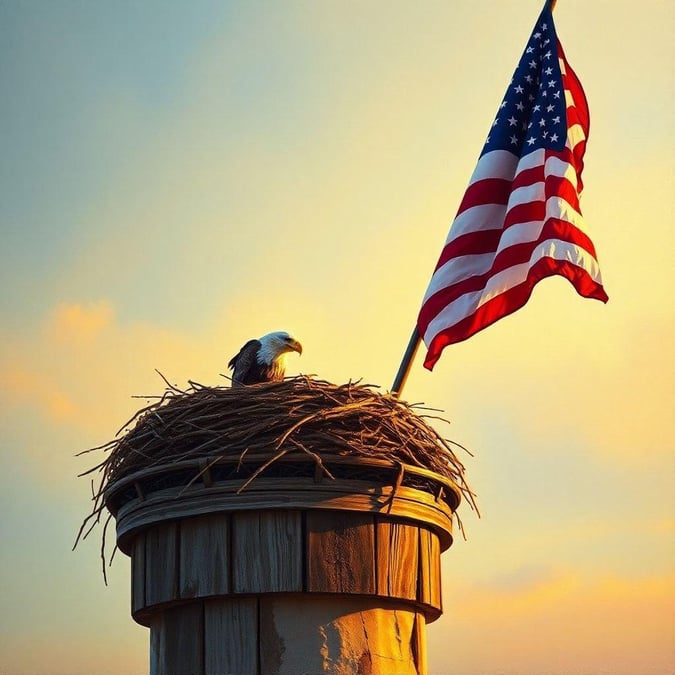 A proud eagle perched on an American flag, celebrating the spirit of Independence Day.