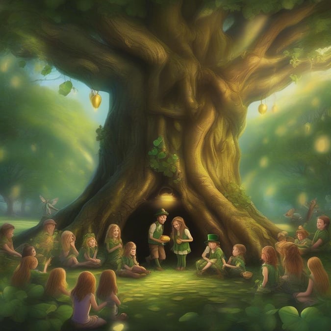 In a whimsical village where leprechauns and fairies come together, the children celebrate St. Patrick's Day in an enchanted forest. The mood is festive with laughter, dancing, and even a friendly fairy competition to see who can find the most four-leaf clovers.