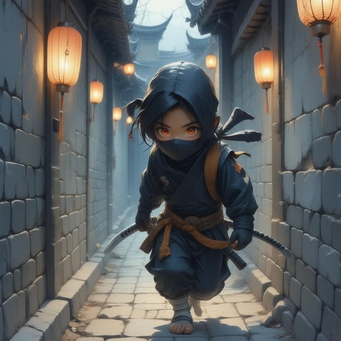 The silent steps of a ninja in an enigmatic alleyway, guided by the soft glow of lanterns amidst the shadows.