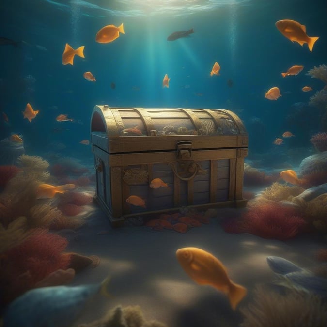 A digital illustration of an underwater scene, featuring a treasure chest surrounded by tropical fish among coral reefs.