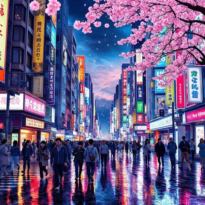 This stunning digital illustration captures the essence of Tokyo's vibrant streets during cherry blossom season. The neon lights reflecting off the wet pavement create a mesmerizing anime-like atmosphere, drawing the viewer in.