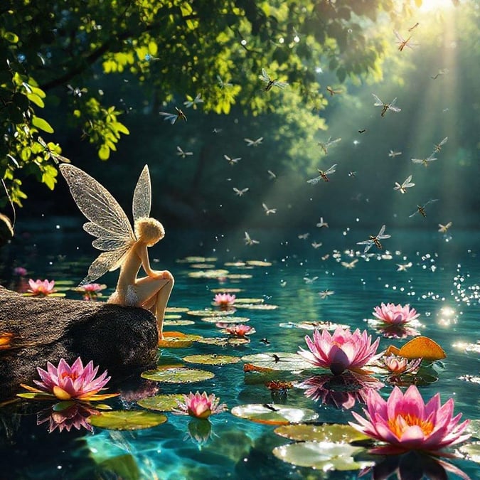 This enchanting wallpaper features a fairy sitting on a rock surrounded by beautiful flowers and dragonflies. The fairy's delicate wings and gentle smile add to the serene atmosphere of the image, making it perfect for those who love fantasy and nature.