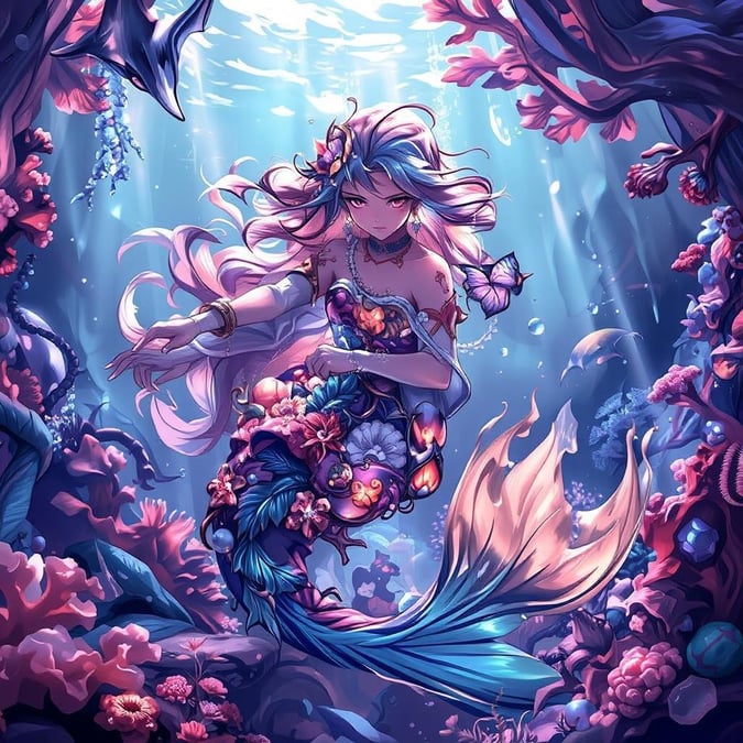 Immerse yourself in the enchanting world of this anime merfolk underwater kingdom wallpaper, featuring a stunning merfolk amidst a vibrant coral reef teeming with marine life.