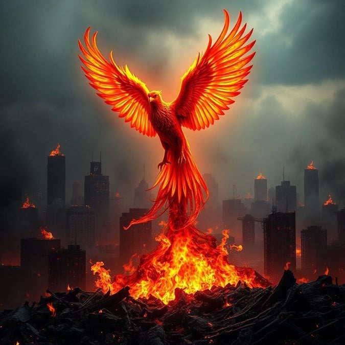 Experience a digital art masterpiece that brings the cityscape to life with a fiery phoenix standing amidst destruction. The phoenix, a symbol of rebirth and transformation, rises from the ashes in this striking image. It's perfect for your desktop or mobile background.