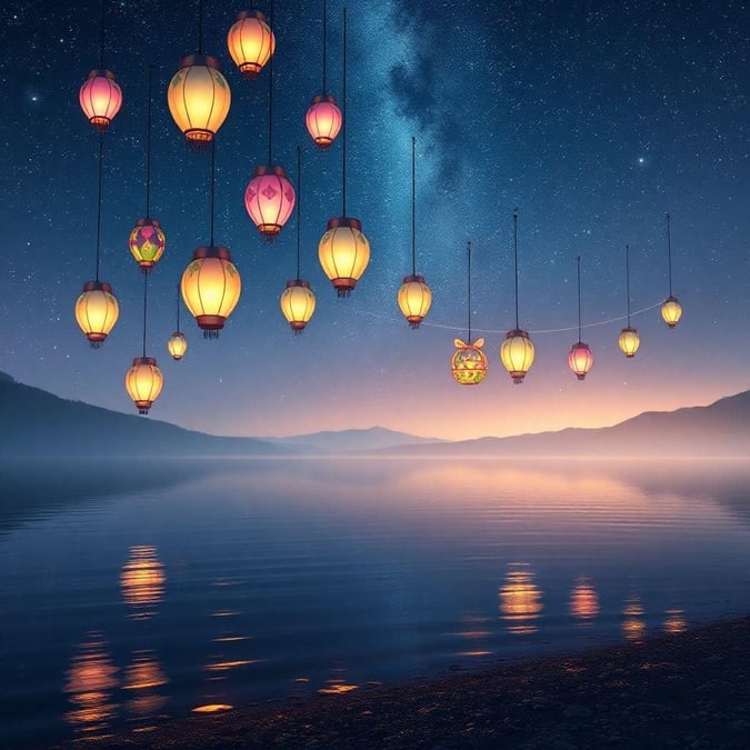 An enchanting evening scene where the sky is alive with vibrant lanterns soaring over a serene lakeside, set against the backdrop of twinkling stars.