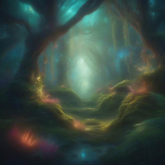 Immerse yourself in the mystical world of this 3D art wallpaper, where ancient trees and lush greenery come alive in vibrant colors.