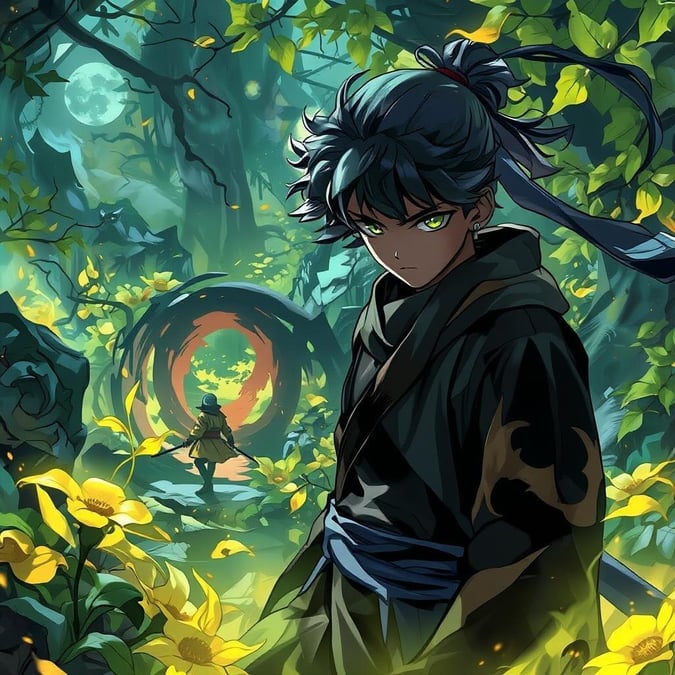 Step into a world of mystery and intrigue with this captivating anime wallpaper, featuring a young ninja navigating through a hidden garden of illusions.