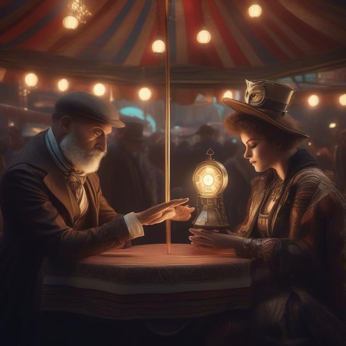 A scene from a bygone era, featuring a man and woman enjoying the atmosphere of a carnival. The woman is dressed in an elegant costume, reminiscent of the Victorian era, while the man sports a dapper suit. They are engrossed in the spectacle before them, with the lights of the carousel twinkling in the background.