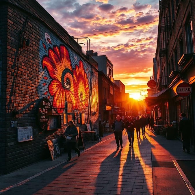 A stunning sunset over the city, with the sky ablaze in hues of orange and pink, casting a warm glow over the urban landscape.