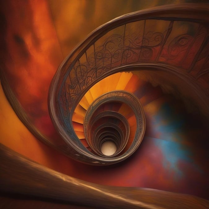 An artistic spiral staircase with multiple colors, reminiscent of a surreal dream.