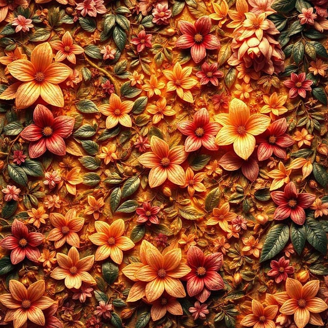 Vibrant fall-themed wallpaper, featuring an array of flowers in hues of yellow, orange, and red against a backdrop of green foliage.