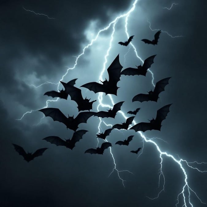 This Halloween wallpaper features a dramatic scene of bats flying in a storm, creating a spooky and eerie atmosphere.