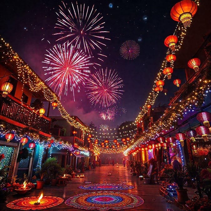 Fireworks light up the night sky in this vibrant and festive cultural and traditional wallpaper.