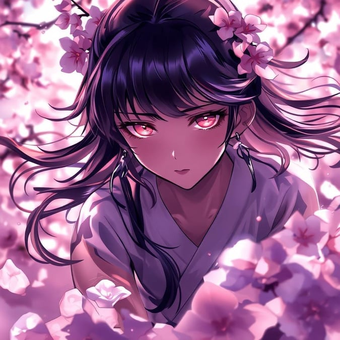 Un hermoso fondo de pantalla de anime que presenta a una joven flotando sobre flores de cerezo. Con vibrantes flores rosas y moradas de fondo, es una escena perfecta de primavera.